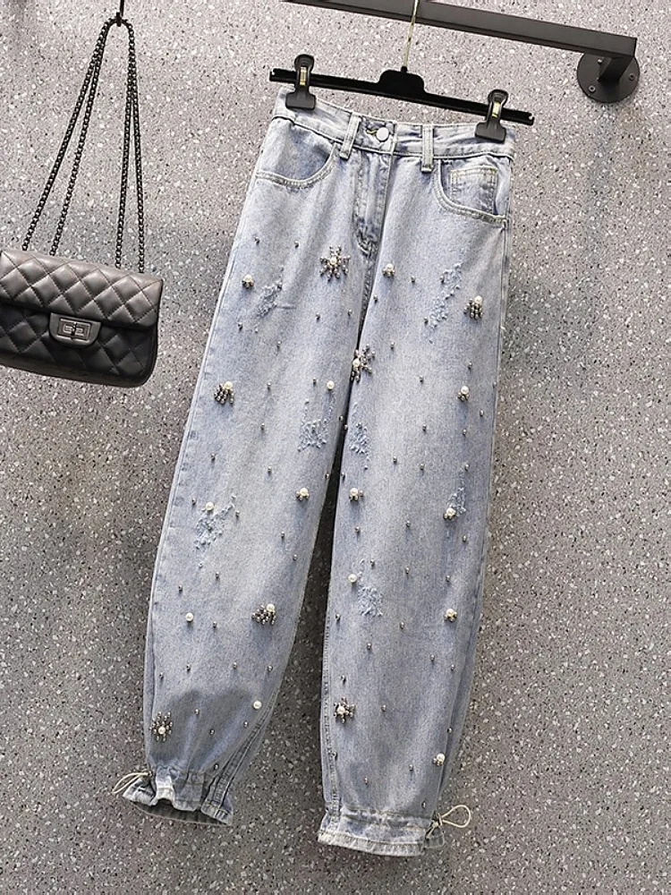 High Waist Fashion Women Jeans Summer Loose Pearls Patchwork Korean Style Solid Color All-Match Casual Cozy Vintage Trousers