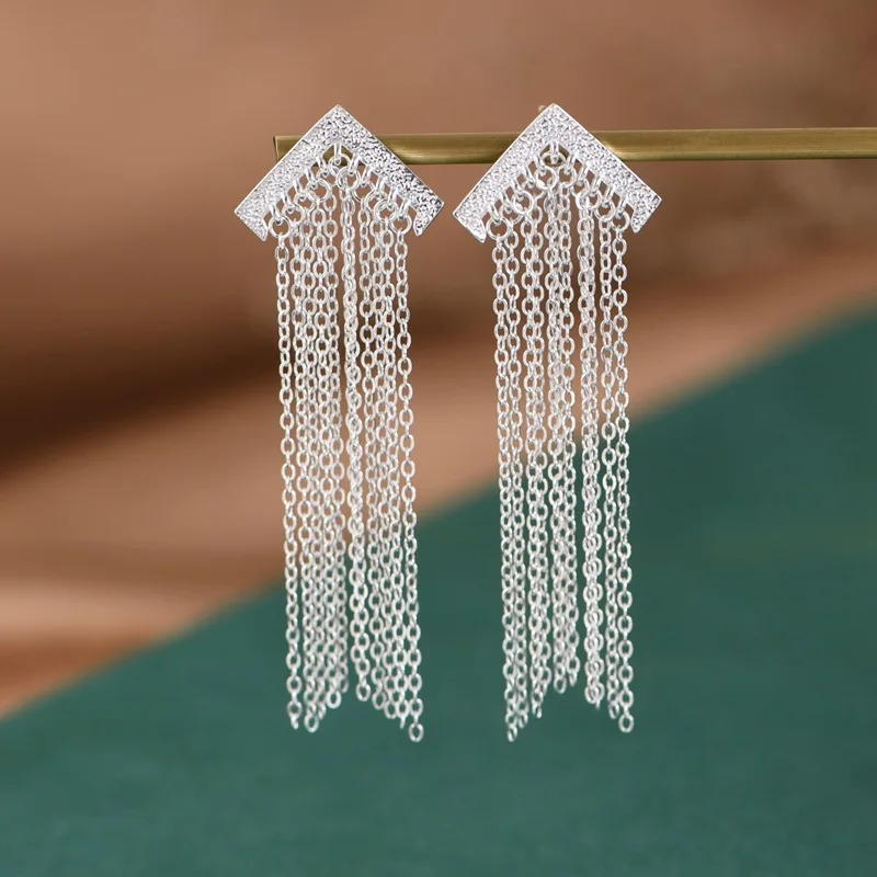

Fairy Glossy 925 Silver Chains Tassel Earrings for Women 56-70MM Long Square Triangle Studs Flower Fashion Ethnic Brincos Bijoux