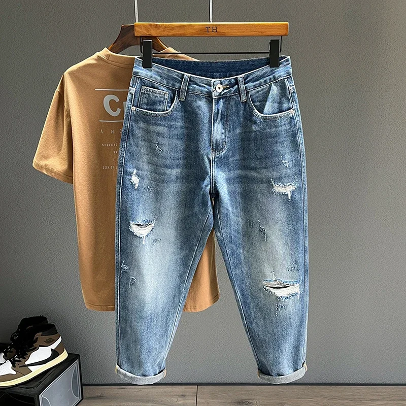 

Pop Ripped Jeans Men New Personality Fashion Vintage Blue Streetwear Baggy Denim Pants Casual Tapered Hole Frayed Trousers Male