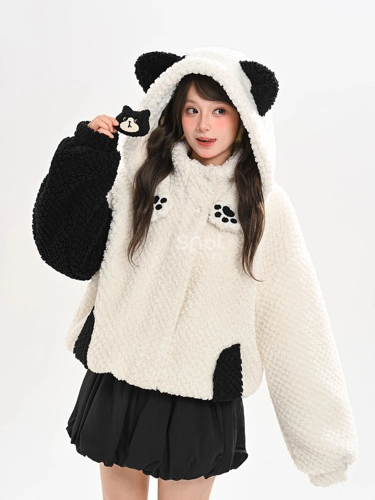 Original Sweet Girl Little Cat Embroidery Fleeced Thick Women's Winter Jackets Coat Loose Casual Zipper Warm Hoodies Sweatshirts