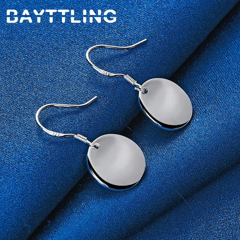 925 Sterling Silver Charm 13MM Glossy Flat Round Drop Earrings For Women Fashion Wedding Gift Jewelry Accessories