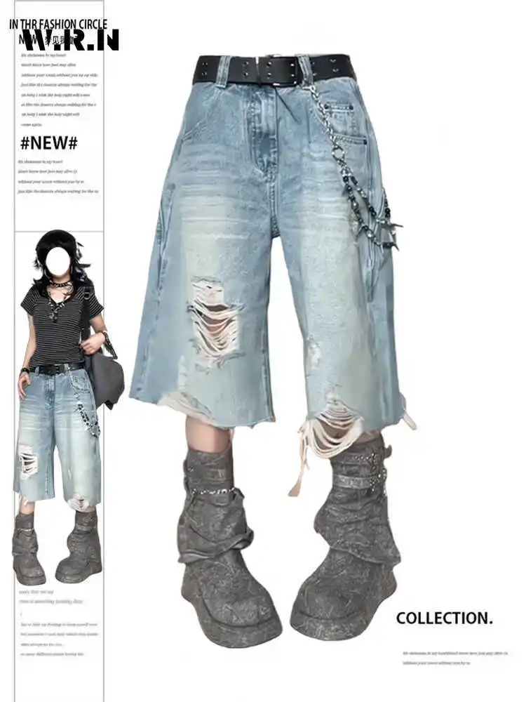 

Vintage Harajuku Ripped Jeans Y2K Damage Trashy Calf Length Pants 2025 Summer Women Kpop Loose Fit Distressed Denim Shorts