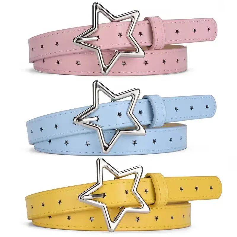 Leather Belt Hollow Star Buckle Candy Colors Kids Waistbands for Boy Girl Lady Women PU Adjustable Metal Belt Cloth Decoration