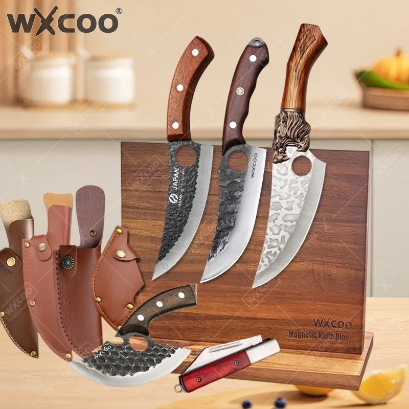 WXCOO Stainless Steel Meat Cleaver Hand Forged Butcher Knife with Cover Effortless Slicing Beef Pork Lamb Kitchen Knife