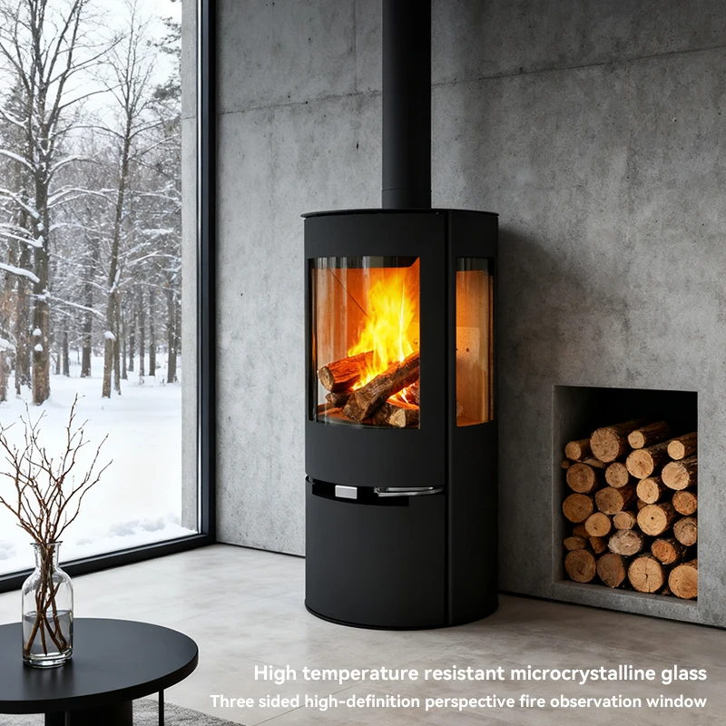 Rustic Wall-Mounted Wood Burning Stove With Flame Effect And Safe Operation For Home Heating