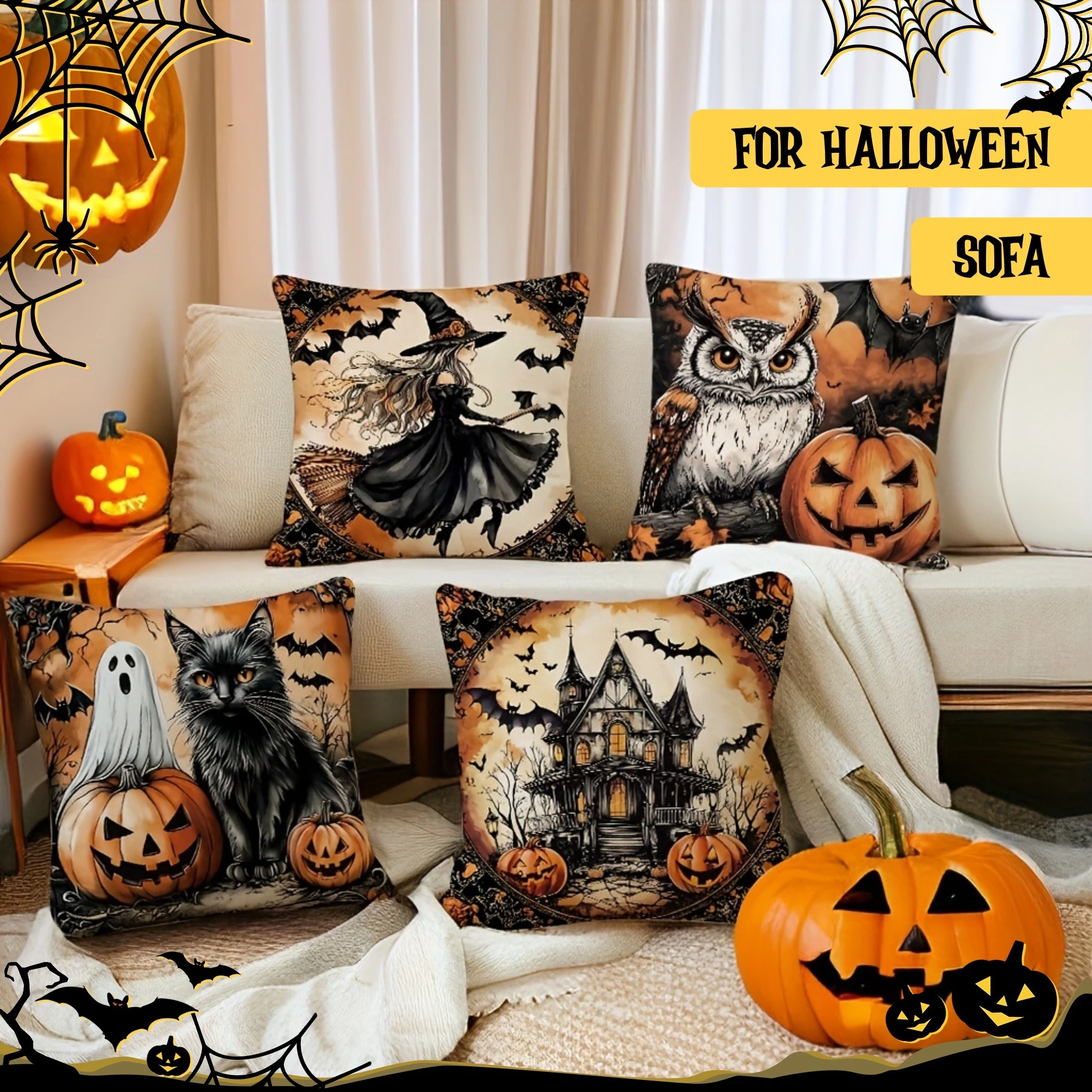 4PCS Halloween Autumn Skeleton Cat Throw Pillow Covers, Vintage Gothic Fall Home Decorative Cushion Cases