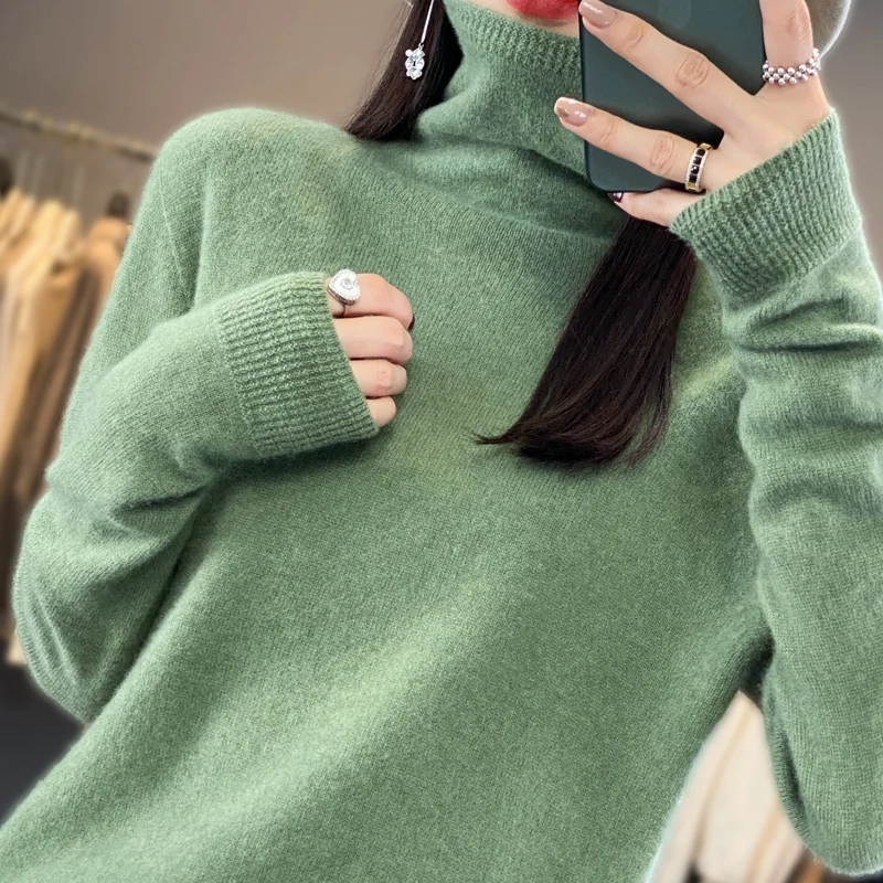 2023 Autumn/Winter 100% Wool Sweater Women's Top Beautiful Pattern Turtleneck Loose Inside Knitted Pullover Cashmere Jacket XXL