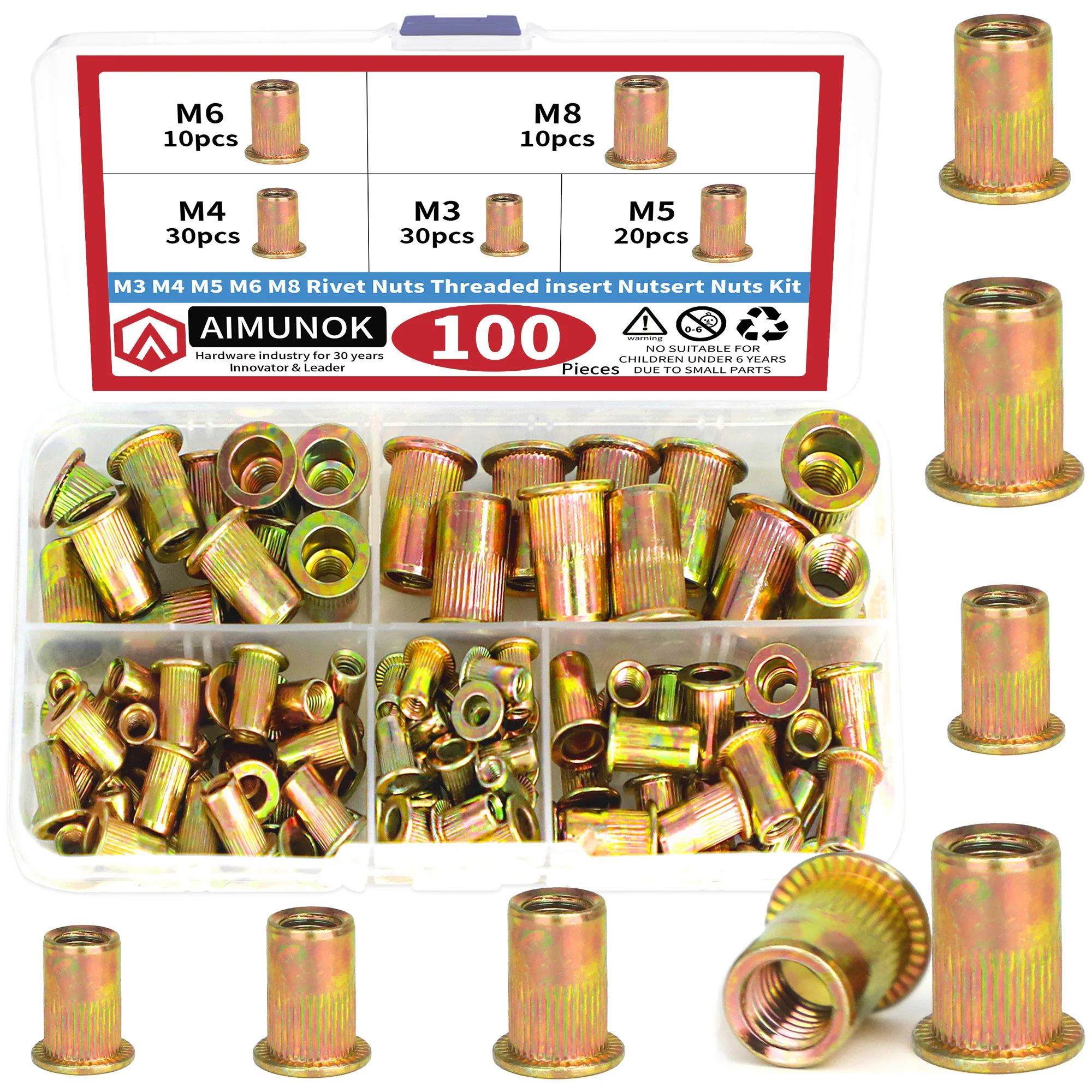 AIMUNOK 100/155Pcs UNC Rivet Nuts Kit High-Carbon Steel, Corrosion-Resistant for Furniture/Car/Crafts, 50Pcs Bulk Loose Included