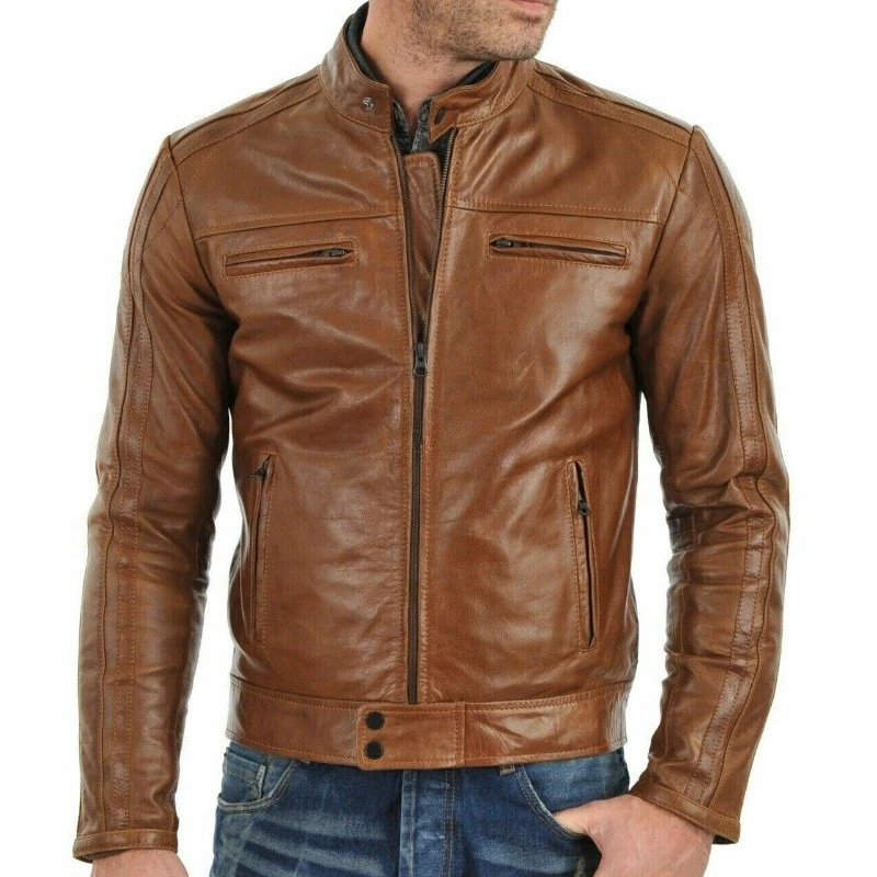 NEW Men Genuine Cow Hide Real Leather Jacket Handmade Tan Fashionable Coat