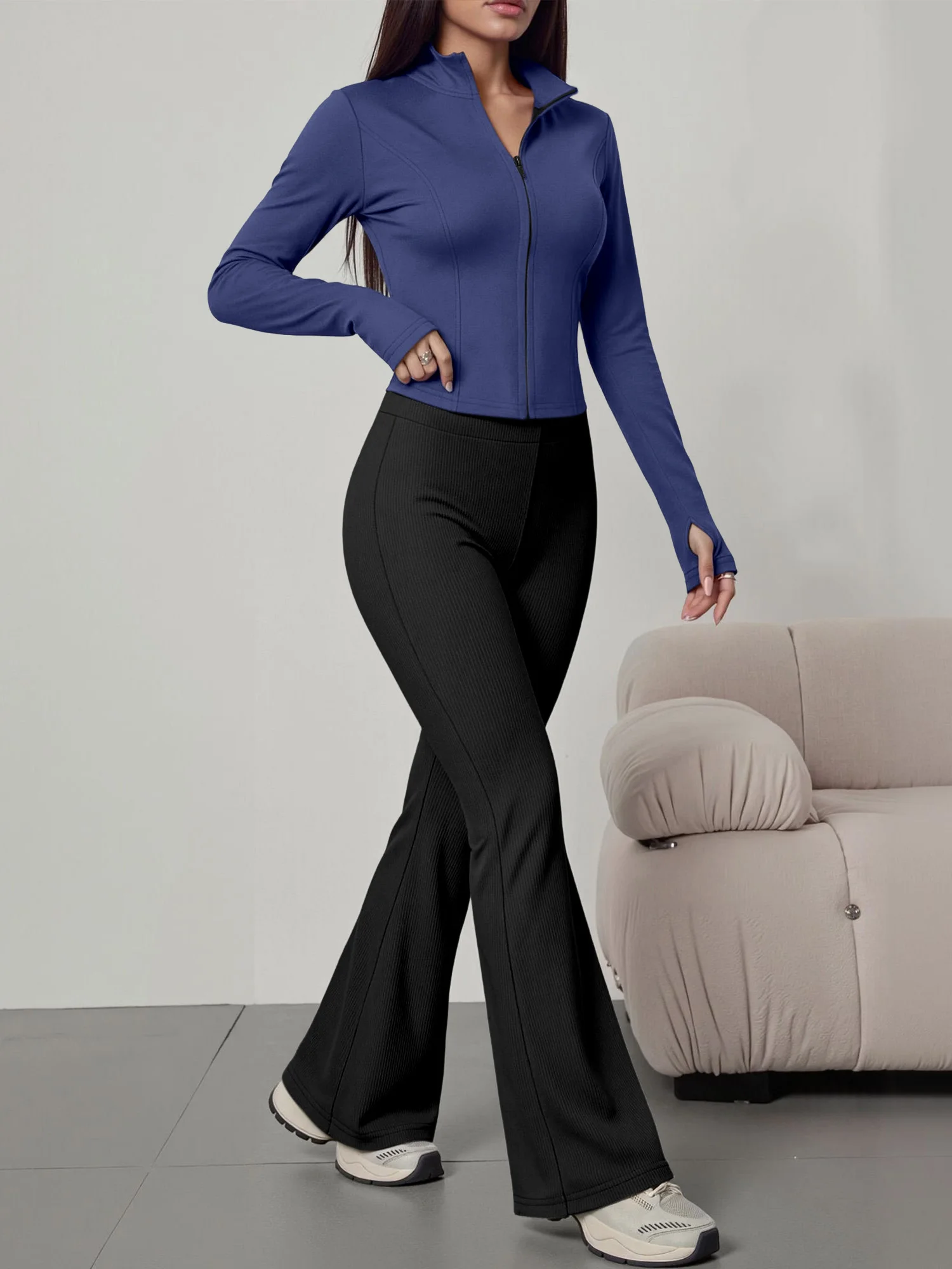 European American Women Ribbed Knit Two Piece Set, Long Sleeve Zip Top With High Waist Flare Pants, Casual Slim Daily Outfit