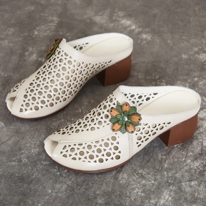 2025 New Summer Thick Bottom Slope with High Heel Slippers Genuine Leather Sandals Flowers Hollow Women Shoes Fashion Sandals