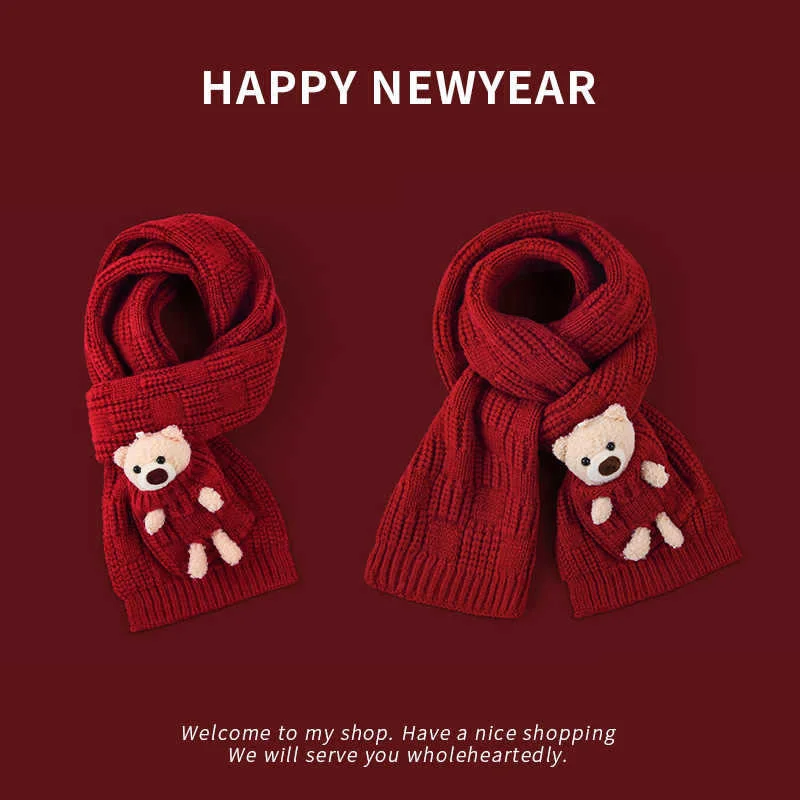 Cute Bear Knitted Red Scarf Protective Warm Versatile Neck Warmer for Women New Year Christmas Winter Gift