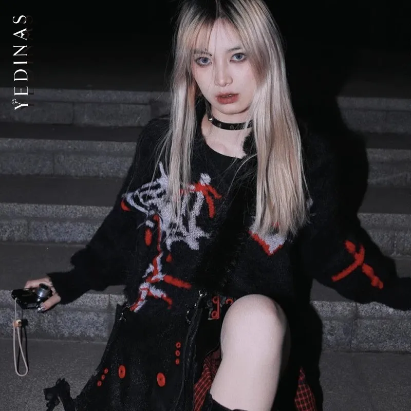 Yedinas Gothic Black Print Spider Cardigan Women Single Breasted Y2k Women Sweater Vintage Autumn Winter Knitted Jumper Y2k