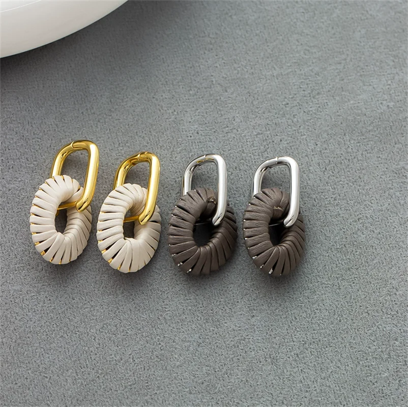 

Модные винтажные овальные барабанные трехмерные кожаные серьги из веревки для женщин, изысканные нишевые универсальные украшения