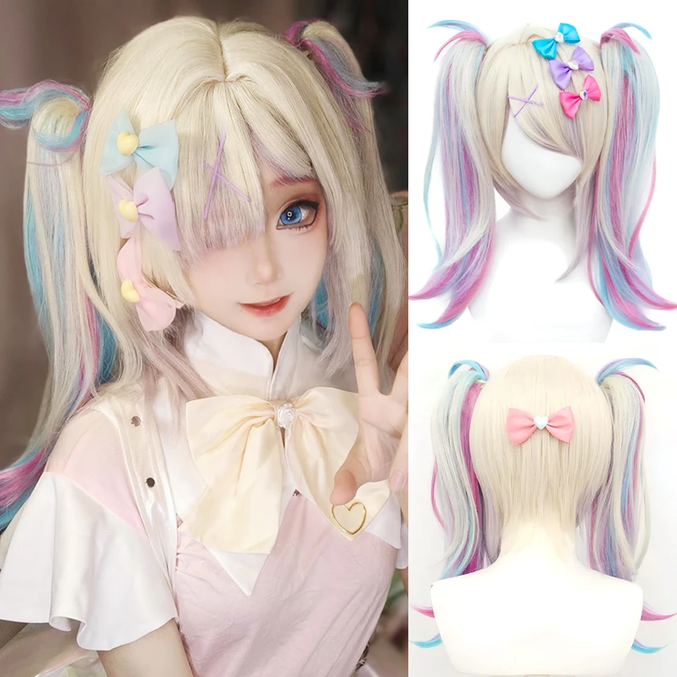 Needy Girl Overdose Cosplay Wig Pink Mix Blue Double Ponytail Cos Wig Heat Resistant Synthetic Hair Halloween Party Costume Wigs