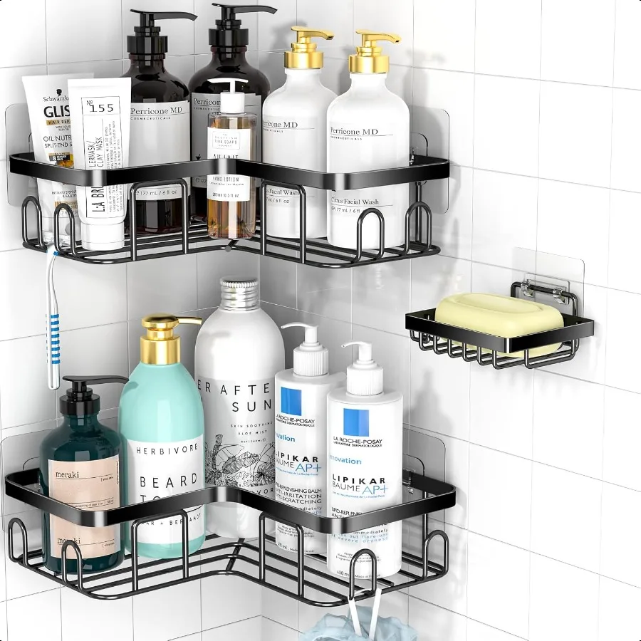 

Adhesive Corner Shower Caddy 3 Pack Organizer Shelf with Soap Holder and 12 Hooks Shelves Rustproof for Bathroom Storage Basket