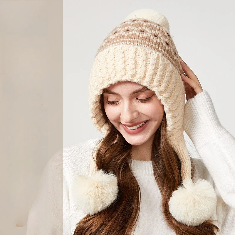 Winter Warm Wool Hat Female Cute Three-hair Ball Riding Ear Protection Shows Small Face Thickened Cold-proof Pullover Hat