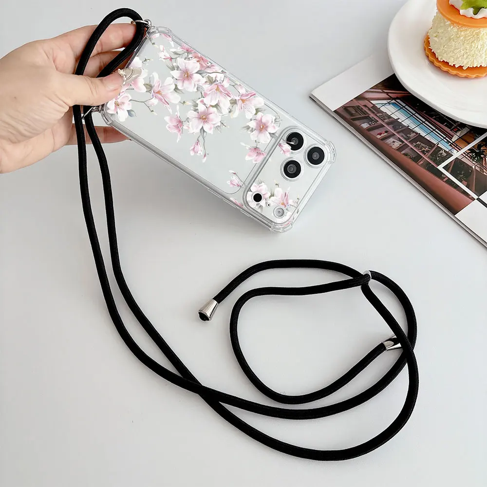 For iPhone 13 12 17 16 15 14 11 Pro XS Max 7 8 Plus 16e 17e Air SE 2022 New Pattern Crossbody Lanyard Clear Anti Fall Phone Case view 3