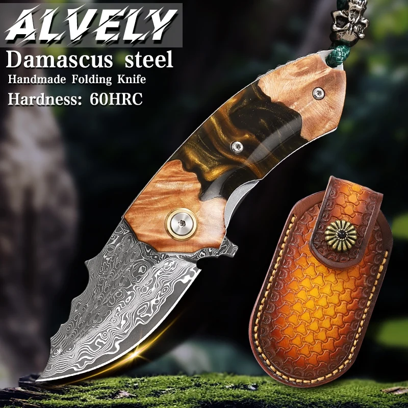 

Damascus Steel Folding Pocket Knife, Resin and Maple, Men's Pocket Knife, EDC Hunting Adventure