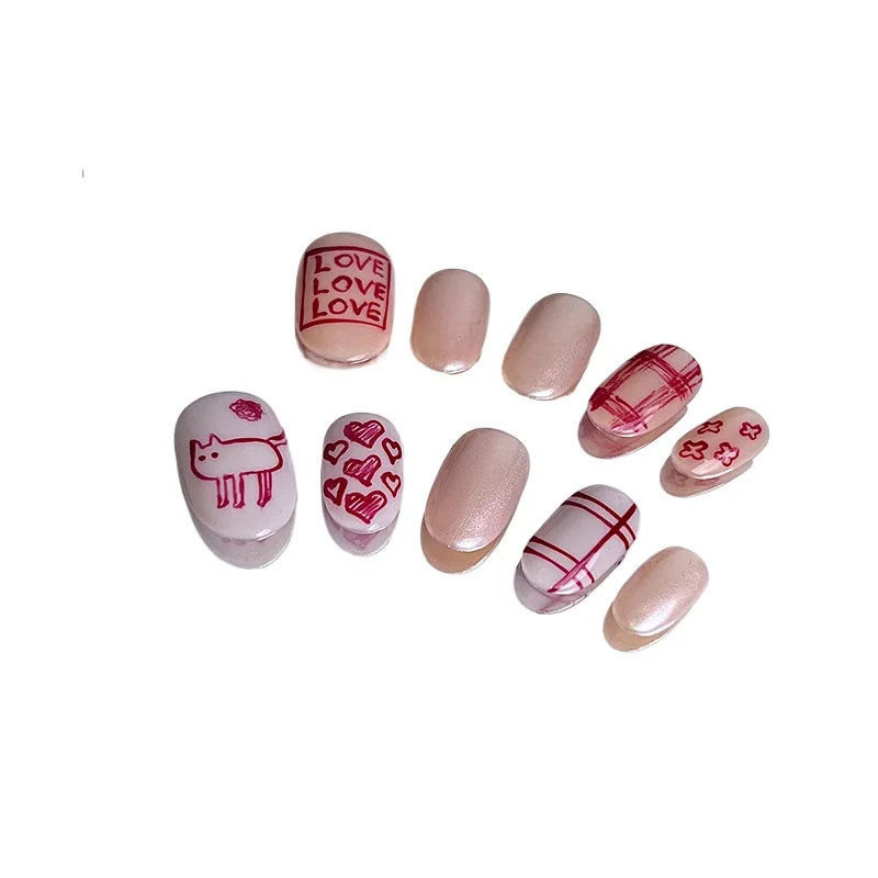 

One Second Sweetheart Spice Girl Series Hand-painted Love Flower Hand-worn Nail Art Red Checker Girl Nail Art