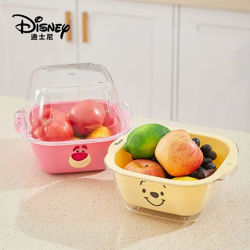 Disney Lotso Fruit Drainer Basket with Lid Cartoon Anime Character Winnie The Pooh Pattern Kawaii Large Capacity Fruit Dish