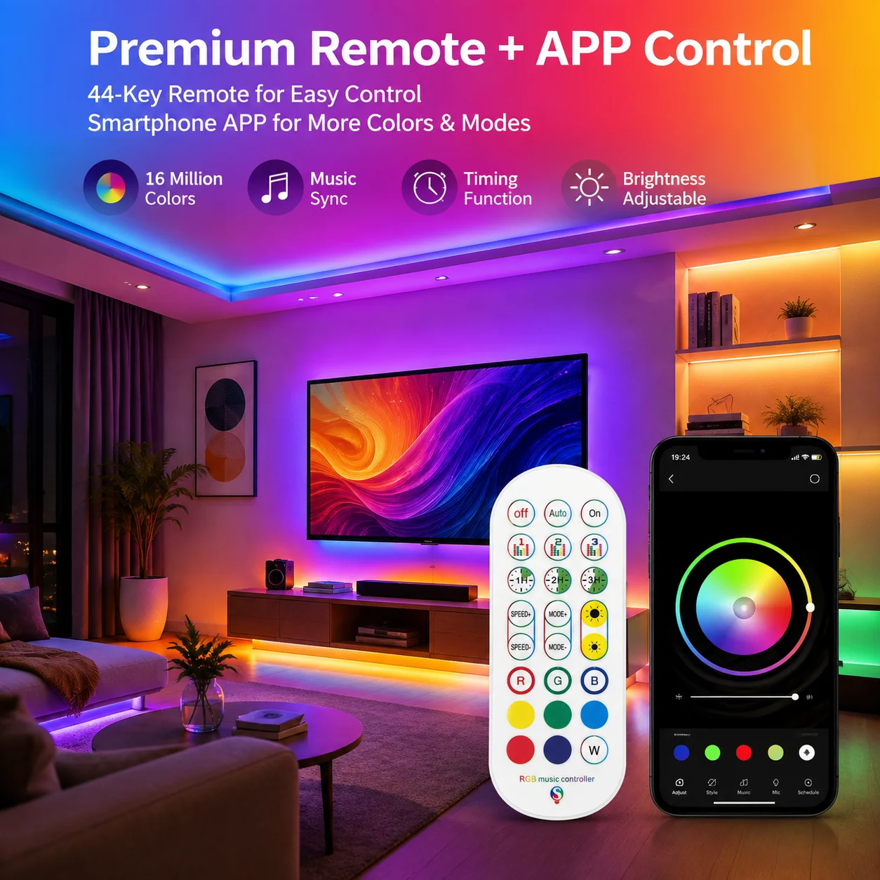 USB 5050 RGB LED Strip Lights with Remote Control 44 Lighting Modes Dimmable Million Gradient Colors for Bedroom Festival Decor