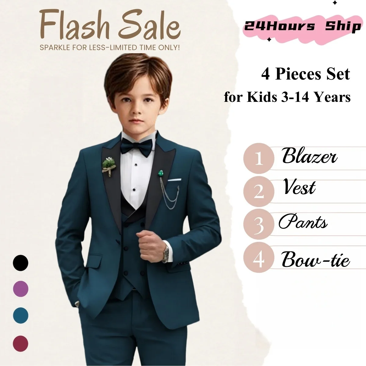 

Popular Pageant Recital Suit Kids 3-14 Jacket, Vest, Trousers, Bowtie Popular Boys Blazer Outfit Party Photoshoot Suit