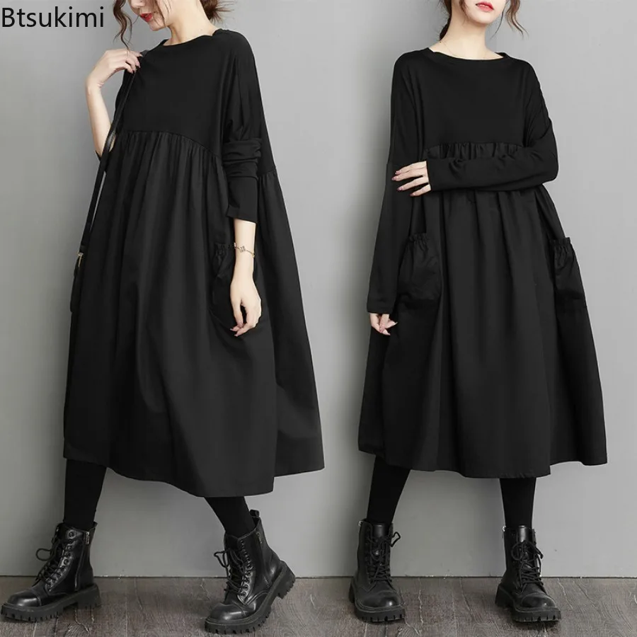 

2024 Women's Vintage Patchwork Dress Simplicity Loose Solid O-neck High Waist Pleated Casual Dress for Women Vestidos Oversized