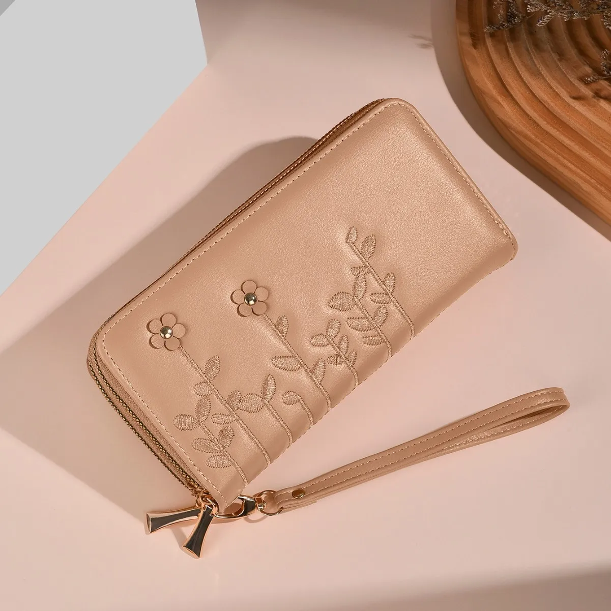 PU leather women's long double-zipper wallet with embroidered flowers, large capacity and multiple compartments, women's clutch