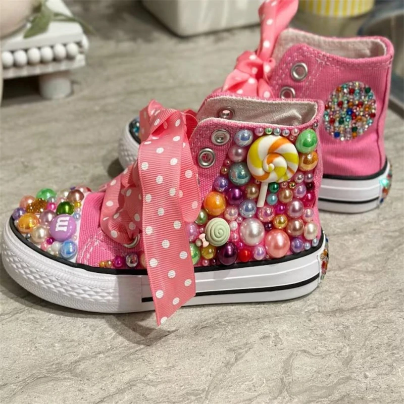 Kids Shoes Name Photo Custom Design For Girl Birthday Party Canvas Dollbling Handmade Bling Rainbow Pearls Sneakers