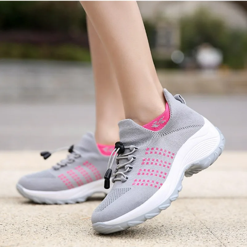 

Women Mesh Breathable Sports Shoe Lightweight Casual Platform Shoes Versatile Fashion Socks Shoe Soft Sole Lace-up Walking Shoes