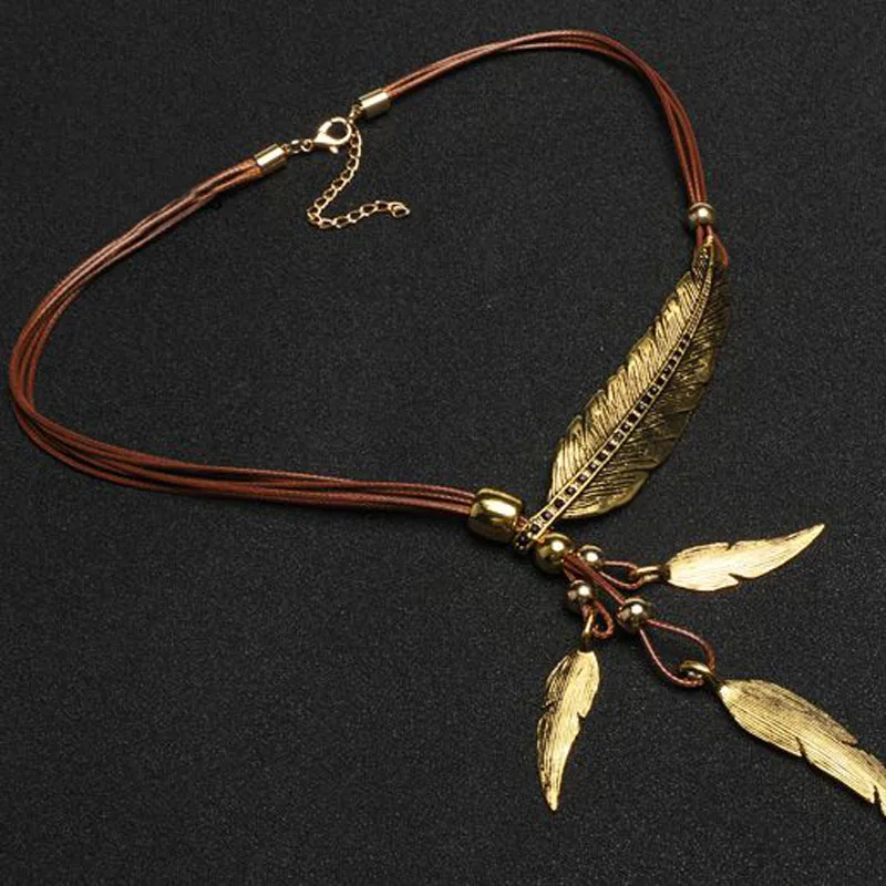 New Bohemian Style Rope Chain Leaf Feather Pattern Pendant For Women Fine Jewelry Collares Statement Necklace