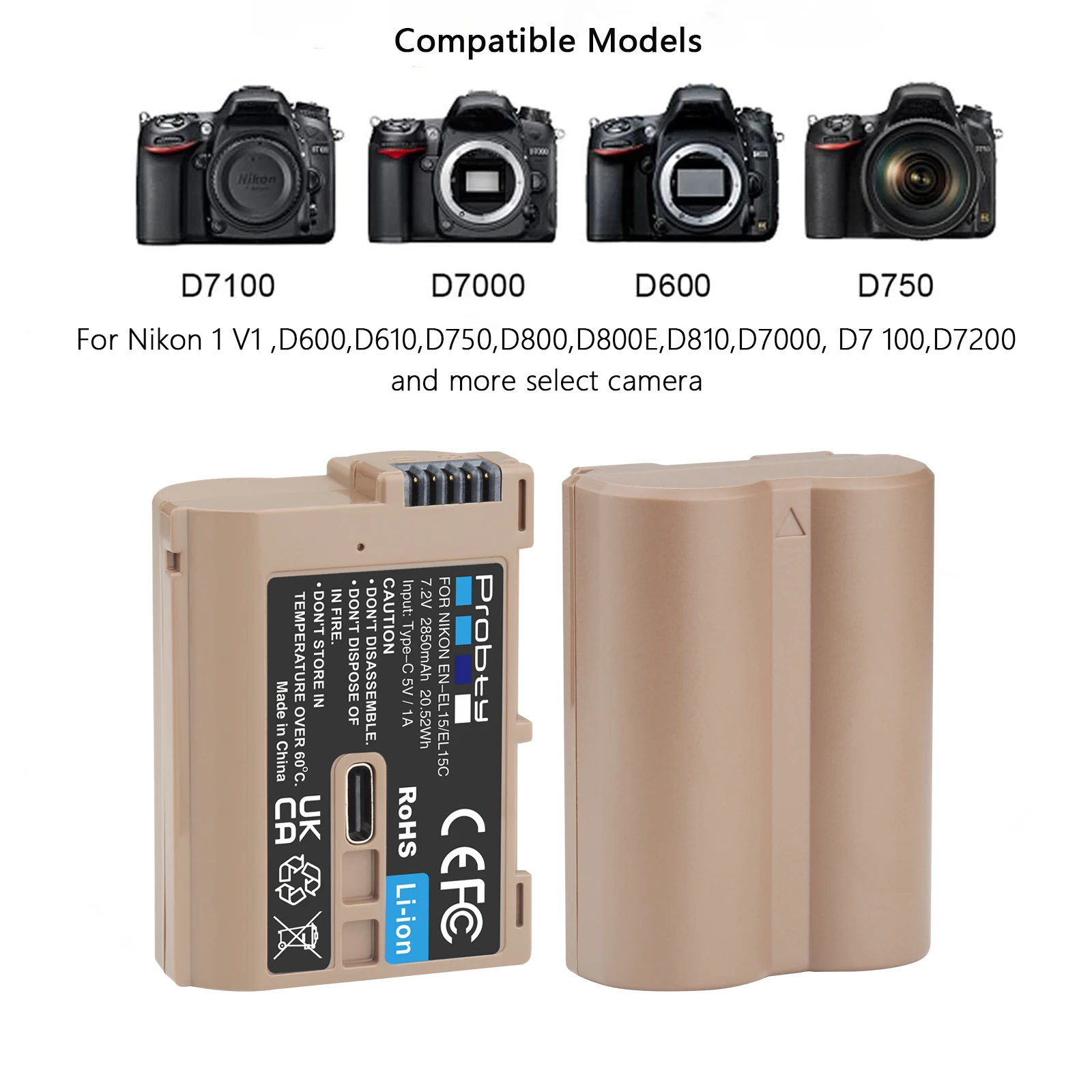 2850mAh EN-EL15C EN-EL15 Battery+ Fast Charger for Nikon Z8，Z5,Z6,Z6 II,Z7,Z7II D600 D610 D600E D800 D810 D800E D810 Cameras