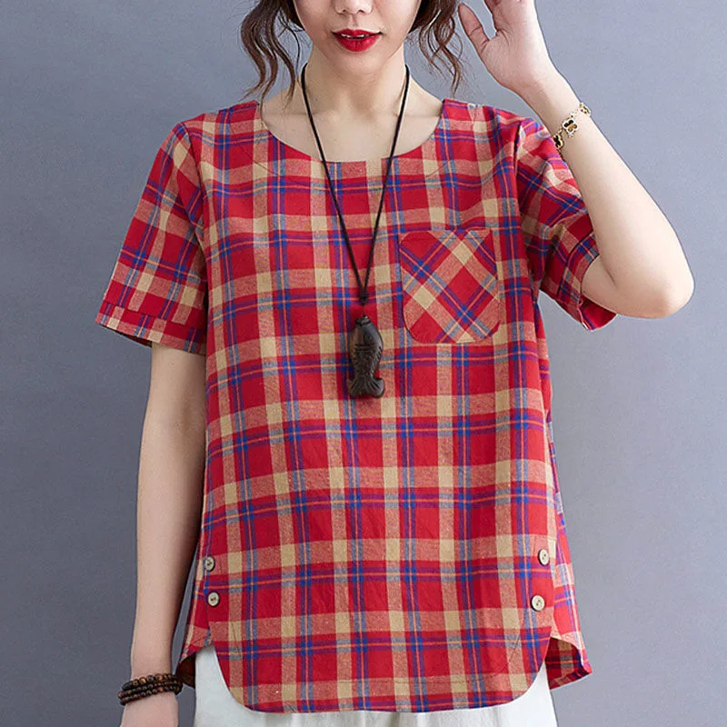 Vintage Plaid Print Pocket Irregular Casual Tops for Women 2023 Summer Round Neck Short Sleeve Loose Cotton Linen Shirts Blouses