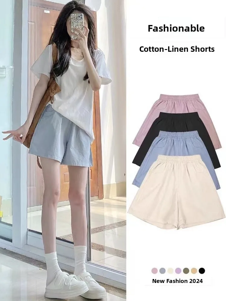 

High Waist Sports Shorts Women Summer Thin Wide Leg Pants Casual Cotton Blend Outerwear for plus Size Students