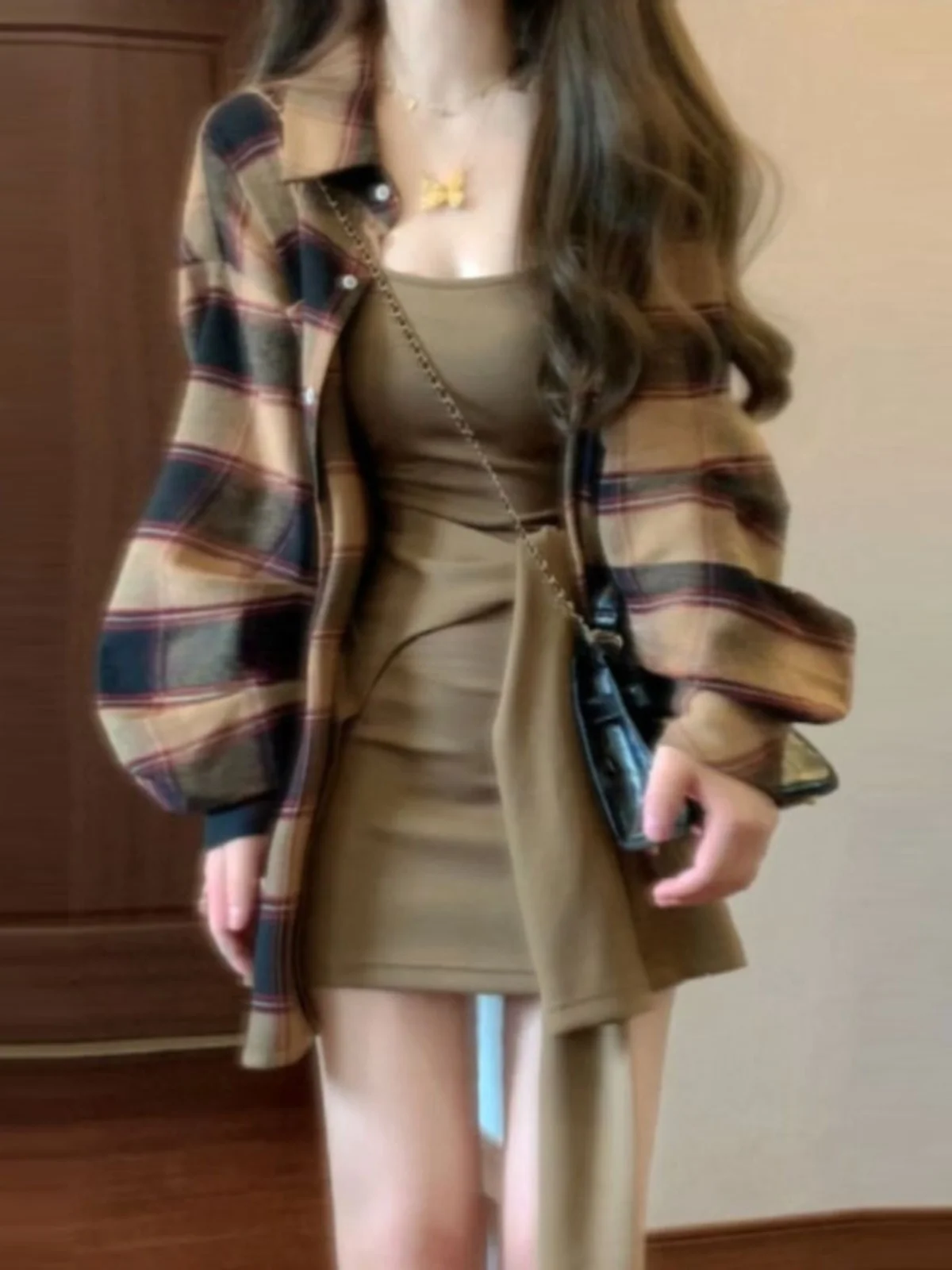 

Fashionable Plaid Shirt And Skirt Set Spring Ootd Wrap around Dress Cool And Stylish Sister Suit Cotton Long Sleeve Button up