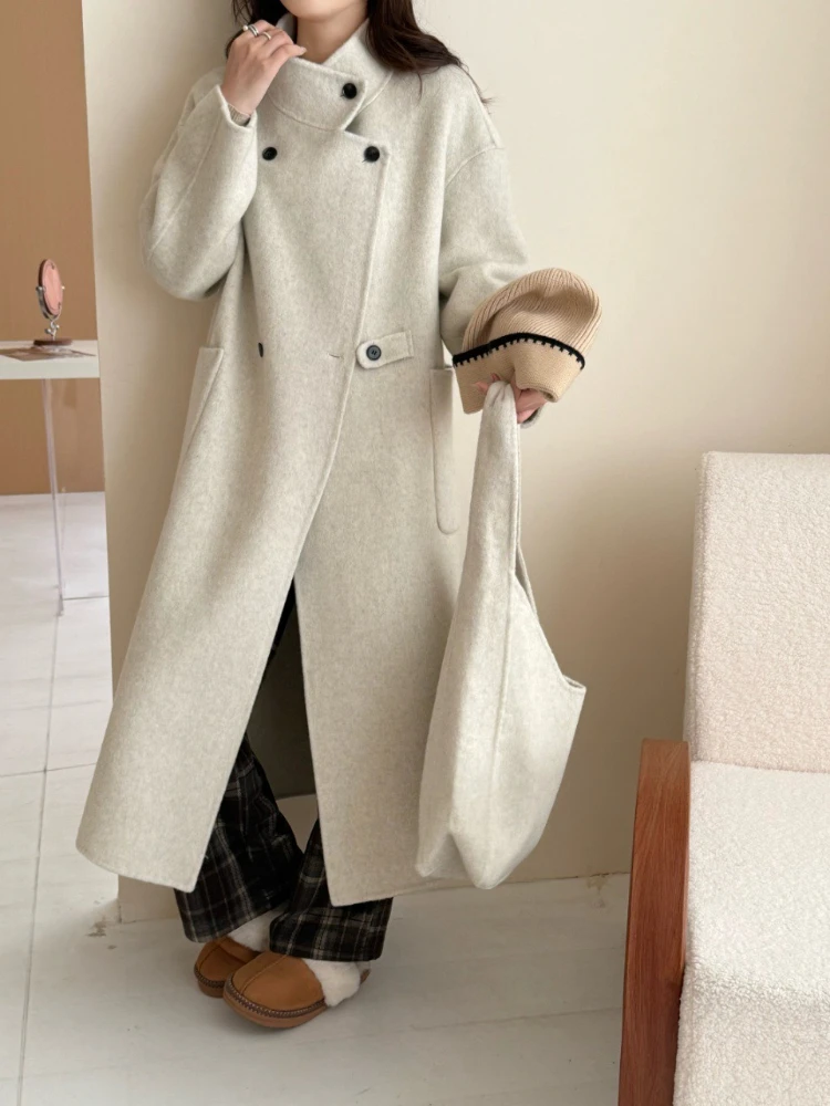 2025 New Long Wool Coat Fall/Winter Stand Tie With Bag Loose Women Jacket Fashion Casual Thicken Warm Double-Sided Woolen Parkas