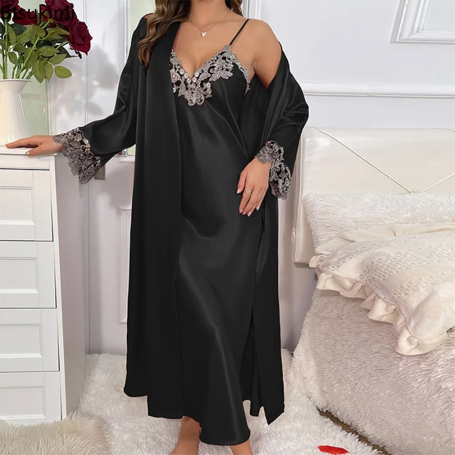 New 2025 Imitation Silk Lace Trim Women's Bathrobe and Sleeveless V Neck Nightgown Female Two Piece Sleepwear Lace-up Nightwear