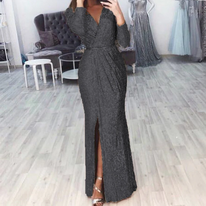 Sexy Slim Shiny Sequins Evening Dresses Elegant Temperament V Neck Long Sleeve Pleat Dresses Fashion Solid Women Party Dresses