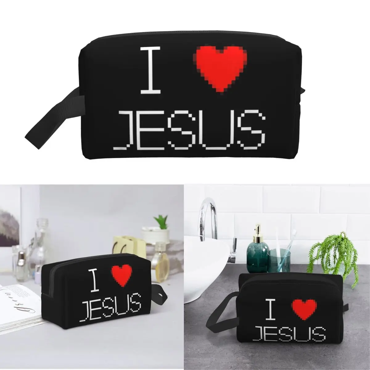 I Love Jesus God Cross Print Makeup Bag Cosmetic Organizer Storage Dopp Kit Toiletry Cosmetic Bag for Women Beauty Travel