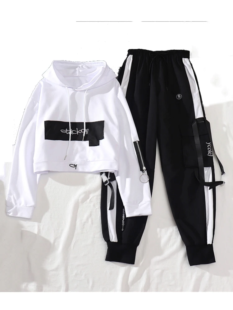 Korean Sportswear Two-piece Suit Harajuku Street Long Sleeved Pullover Hoodies with Cargo Pants Loose High Waist Joggers Women