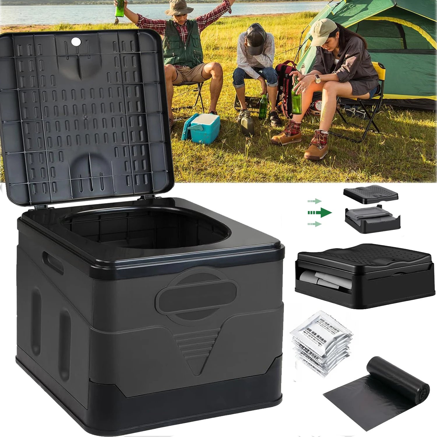 Toilette pliante portable, anti-odeur, avec bac de rangement 20l, pour voiture, adulte, voyage en autonomie, toilette d'urgence + sac poubelle, capacité jusqu'à 150 kg. Pour les voyages en plein air, le camping, la pêche, les pique-niques, la randonnée, les embouteillonnages