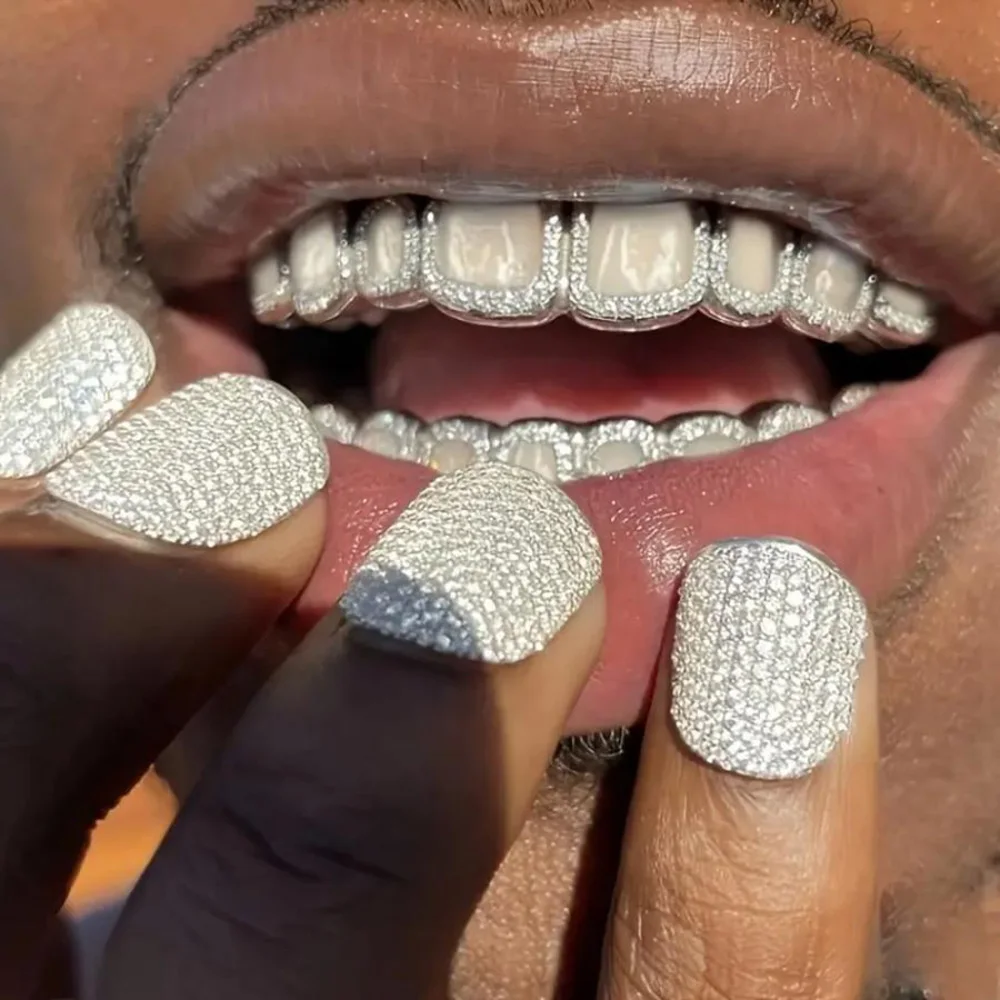 RACHELZ 8/8 Hip Hop plein CZ pierre dents creuses Grillz bretelles haut bas brillant Zircon dent casquettes pour femmes hommes bijoux