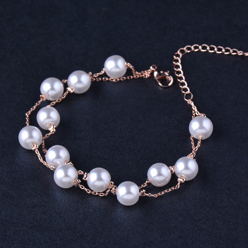 SINLEERY Elegant White Pearl Bracelet 2 Layer Link Chain Bracelets For Women Rose Gold Silver Color Wedding Jewelry SL061