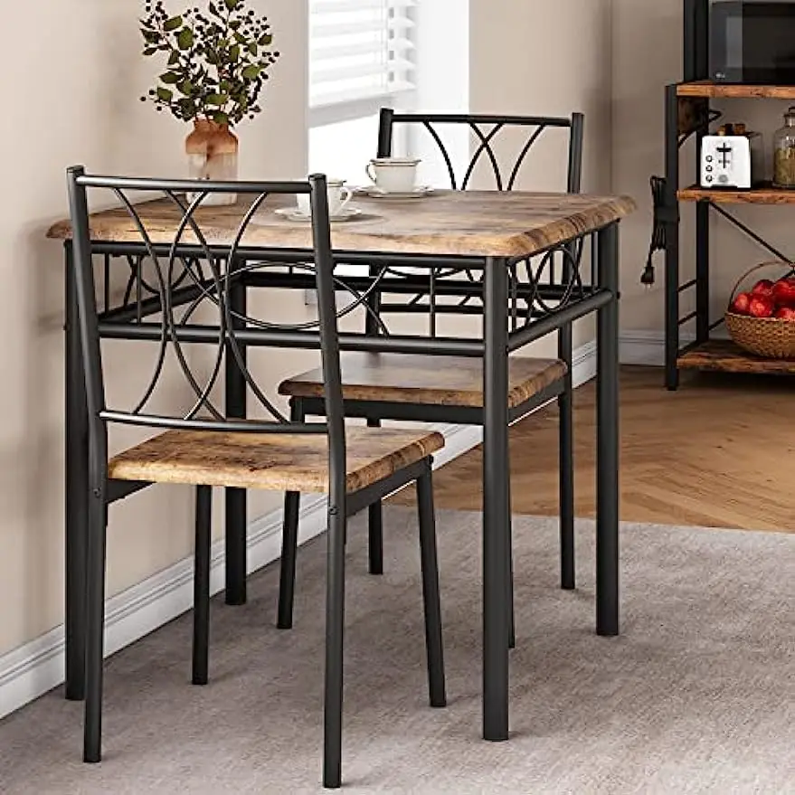 Square Dining Room Table Set with 2 Metal and Wood Chairs, Kitchen Table Set for Small Space, Apartment