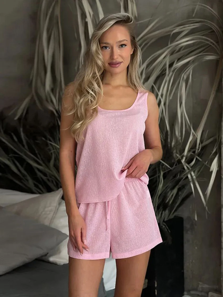 Marthaqiqi Casual Ladies Sleepwear Set O-Neck Pajamas Tank Tops Nightgowns Sleeveless Nightwear Shorts Loose Female Home Clothes