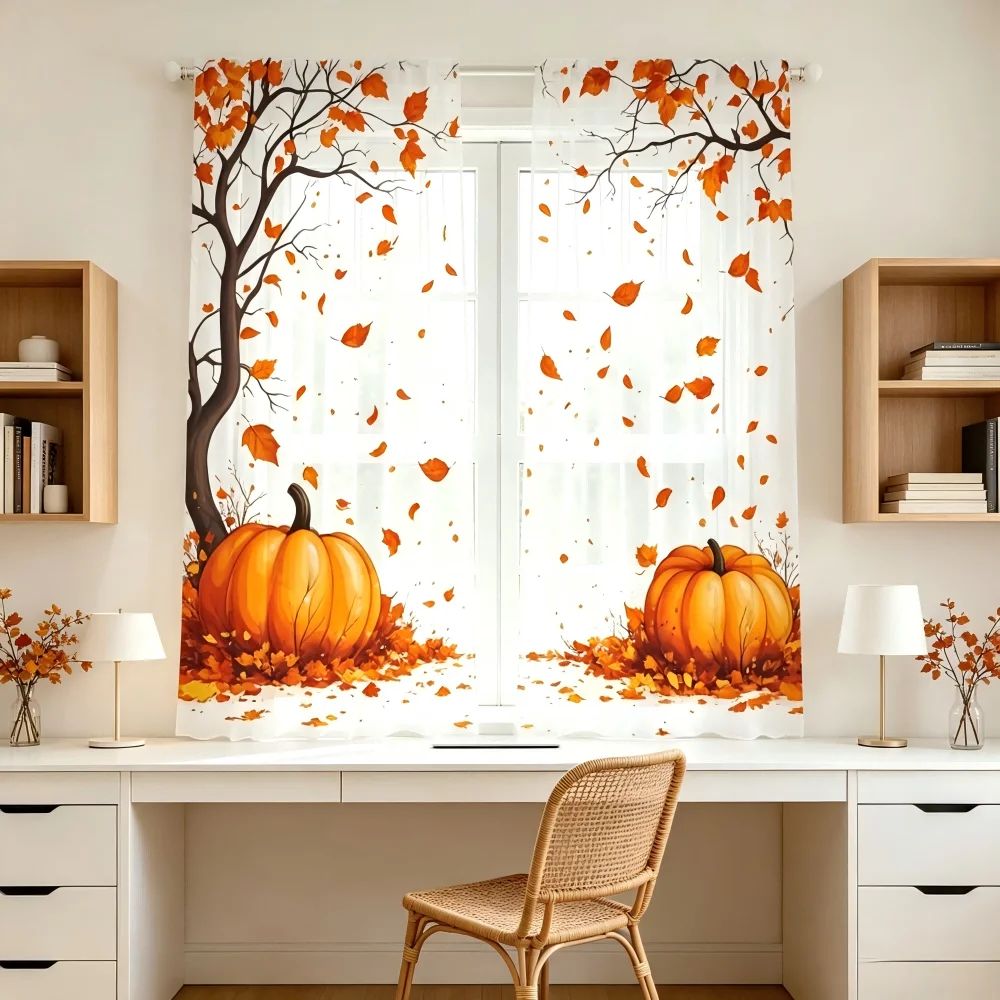 2PCS Digital Print Sheer Curtain, Autumn Maple Leaves Pumpkin Pattern, Thanksgiving Fall Harvest Style for Home Decoration
