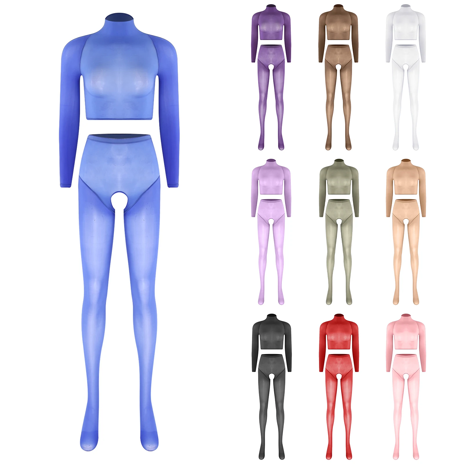 

Womens Sexy See Through 2 Piece Lingerie Outfits Long Sleeve Crop Top with Hollow Out Crotchless Pantyhose Nightwear Clubwear