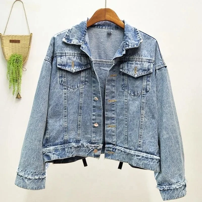 2024 Frauen Streetwear Stil Jeans jacke Frühling Herbst Langarm Revers Niet Quaste lose koreanische Jeans Mantel weibliche Outwear