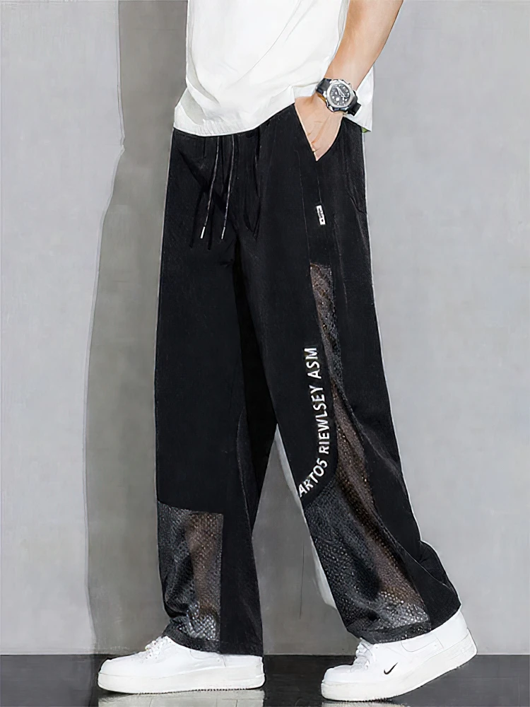 

Сетчатые шелковые повседневные брюки, мужские быстросохнущие спортивные прямые спортивные штаны, мужские свободные брюки для бега, летние спортивные брюки, новинка